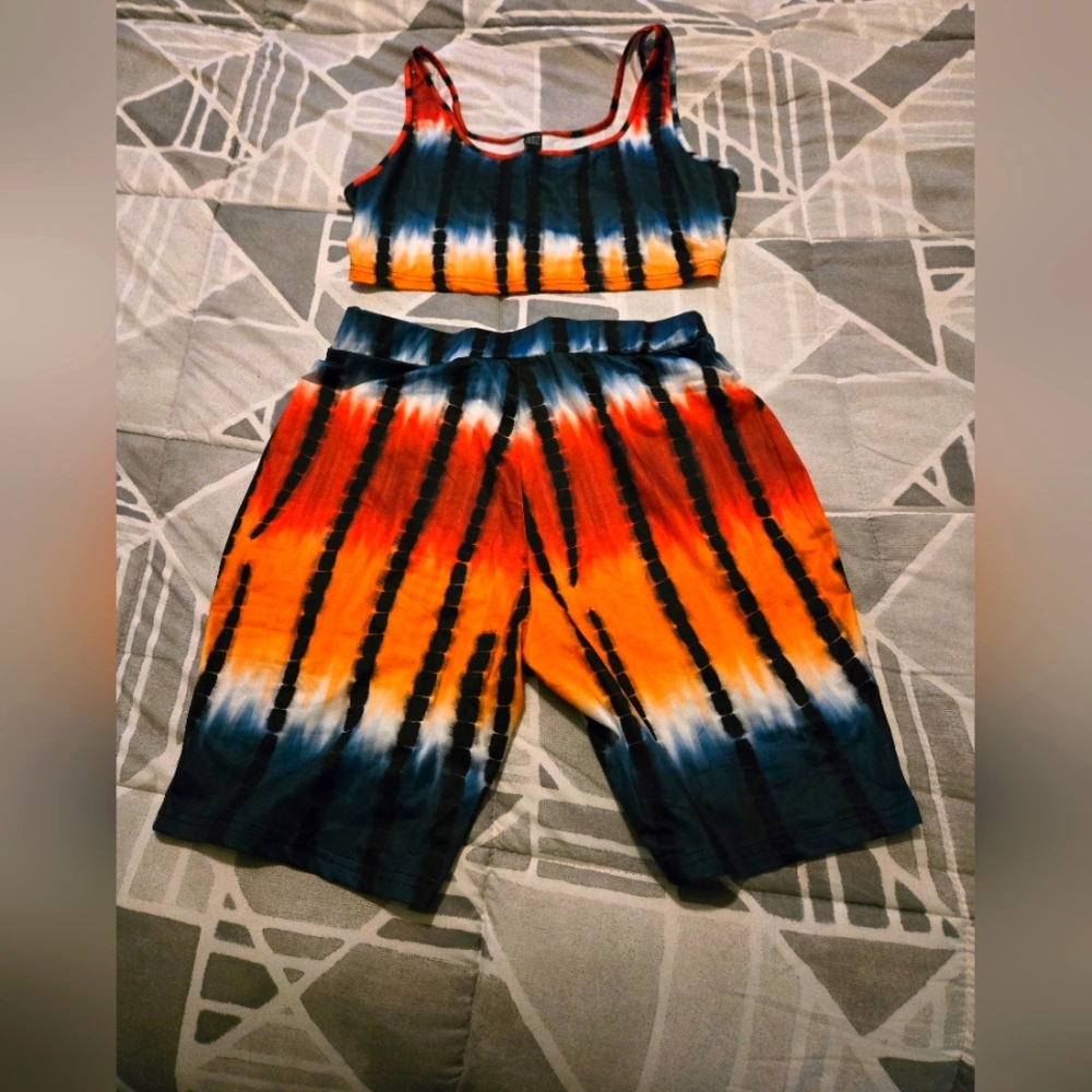 SHEIN Tie-Dye Bike Shorts Set - Red, Orange, Blue